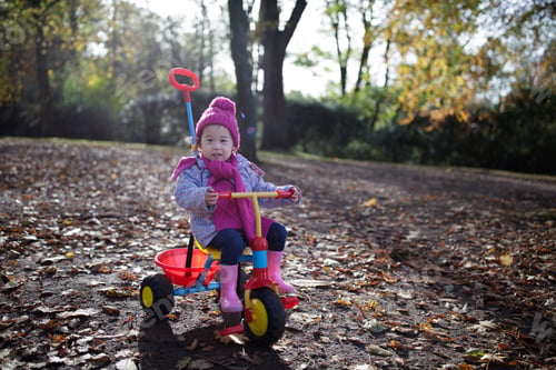 Preview: Toddler Baby Girl Play Bicycle In Sunny Autumn Forest Park