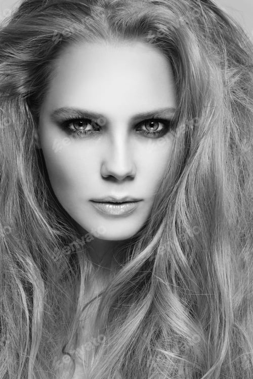Preview: Black And White Portrait Of Young Beautiful Stylish Woman With Long Hair