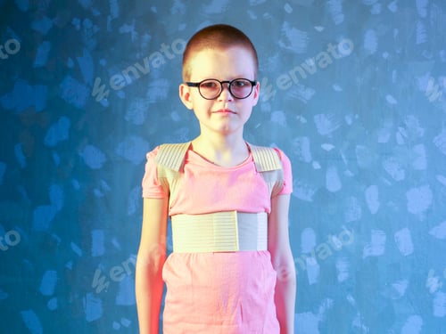 Preview: Kid In Corrector For Spine In Pink T-Shirt On A Gray Background Child Wearing Back Support Belt For