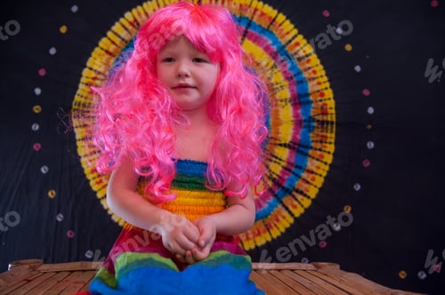 Preview: Happy Cute Caucasian Boy Changed Clothes At Carnival In Dress Of Girl Of Rainbow Color. Pink Doll