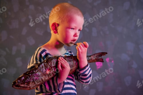 Preview: Little Blond Boy Shows Big Smoked Fish. Child Wants To Catch Big Fish In Ariver. Concept Of Organic