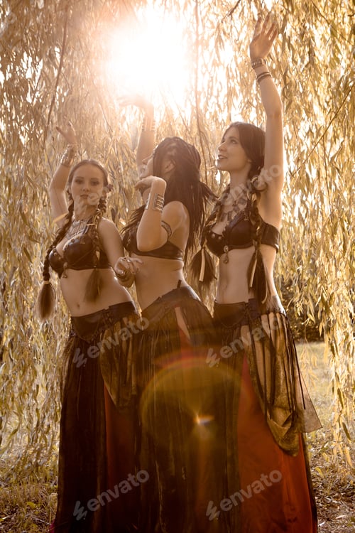 Preview: Beautiful Woman Dancing Tribal Near The Large Willow Tree