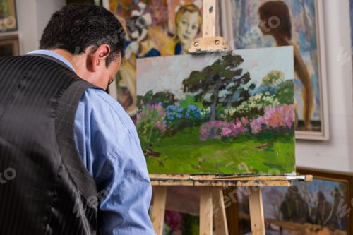 Preview: Painter Working On A Masterpiece In His Gallery Painting A Garden Scene With Flowers And Trees