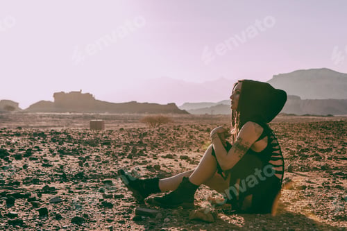 Preview: Beautiful Young Woman In Timna, Desert In Israel. Rocks In Sunset Time. Mystic Concept