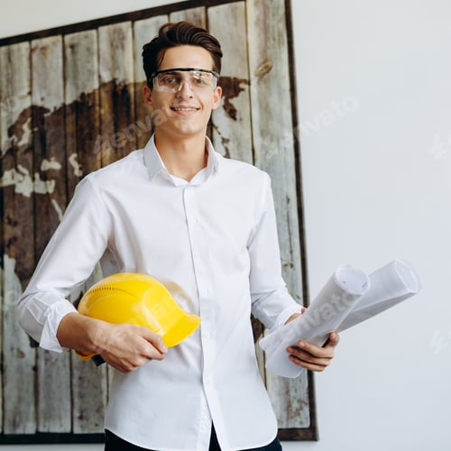Preview: Professional Builder In A Helmet With Drawings, Construction Company