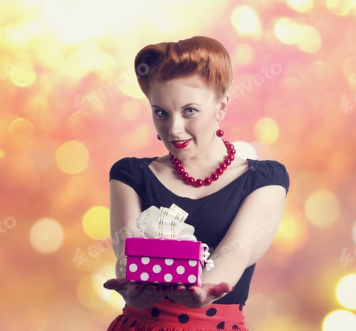 Preview: Beautiful Woman With Gift Box In Hands In A Retro Style.