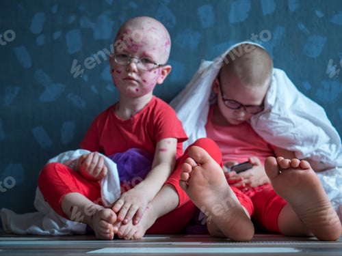 Preview: Caucasian Children In Pink T-Shirt With Smartphone On Floor. Boys Posing For Camera Under White