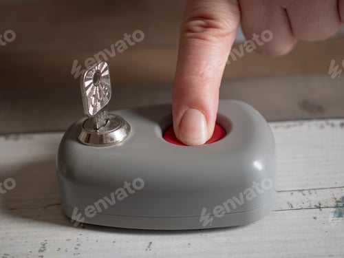 Preview: Elderly Man Presses Red Alarm Button. Close-Up Of A Finger On A Button. The Key To Unlock The Alarm