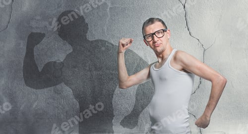 Preview: Portrait Of A Funny Skinny Bodybuilder. Humorous Sportsman Using Small Dumbbells For Bodybuilding