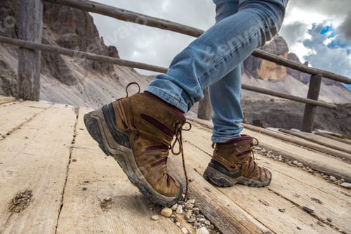 Preview: Hiking Boots Close-Up. Tourist Walking On The Trail. Italy