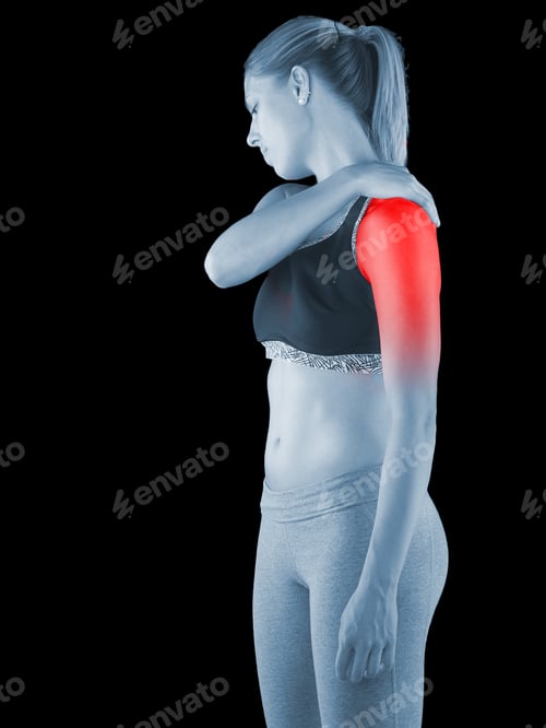 Preview: Acute Pain In A Woman Shoulder. Female Holding Hand To Spot Of Shoulder-Aches.