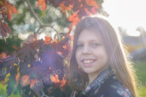 Preview: Autumn Portrait Of A Kid Girl In The Sun Rays And Maple Leaves. Selective Focus.