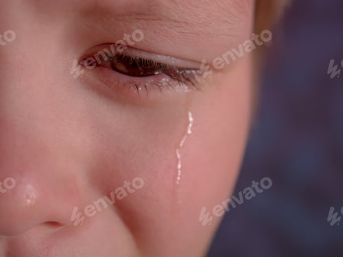 Preview: Face Of Crying Boy Close Up. Eyes, Eyelashes, Eyebrows, Lips, Teeth And Tears. Emotions And