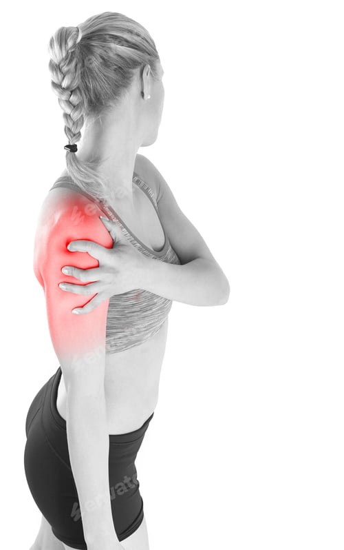 Preview: Acute Pain In A Woman Shoulder. Female Holding Hand To Spot Of Shoulder-Aches.