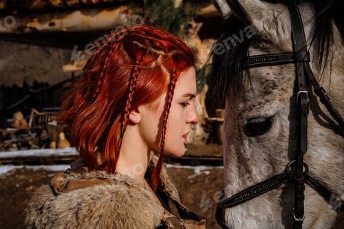 Preview: Red-Haired Woman With A Faithful Horse Preparing For Battle