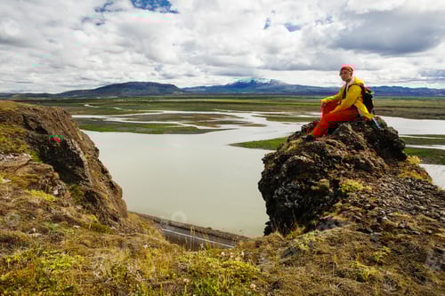 Preview: Happy Young Woman In Bright Clothes Traveling Iceland, Enjouing Nature