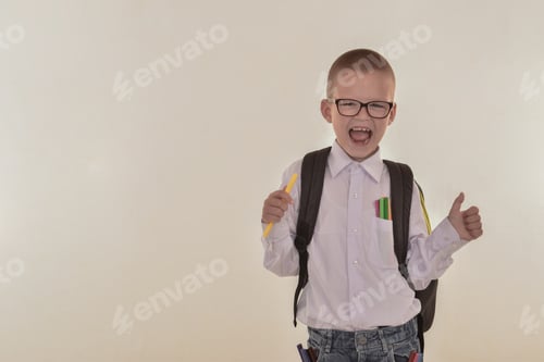 Visualização: Garoto loiro fofo com mochila escolar mostra suas emoções e gestos. Pequeno ator tenta o papel. Criança em