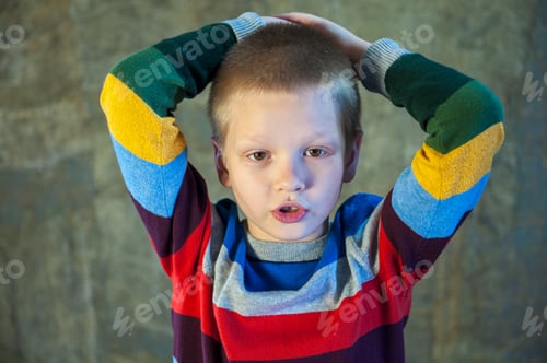 Preview: Funny Child In Bright Clothes Sings And Recites Poems. Boy Holds Microphone In His Hands And Asks