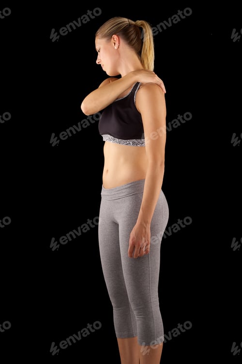 Preview: Acute Pain In A Woman Shoulder. Female Holding Hand To Spot Of Shoulder-Aches.
