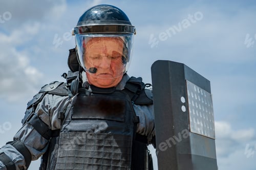 Preview: Elderly Man, War Veteran Trying On Uniforms For Special Units In Arms Shop. Pensioner Wants To