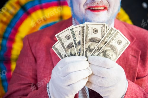 Preview: Elderly Mime Man In Large Glasses With Blue Hair And Beard In Bright Pink Jacket And Tie In White