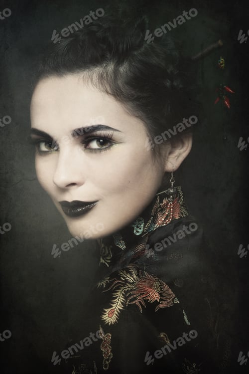Preview: Duotone Colored Portrait Of Young Beautiful Woman In Chinese Costume On Vintage Damaged Grainy