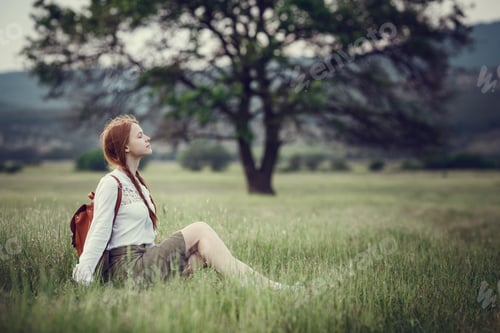 Preview: Young Red-Haired Traveler In Fairy-Tale Beautiful Scenery. The Idea And Concept Of Rest