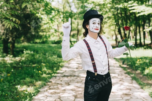 Preview: Emotional Male Mime Artist With Red Rose Performing Love On A Outdoor.