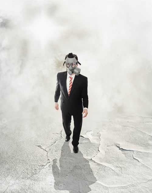Preview: Business Man With Gas Mask Walking, Isolated On White