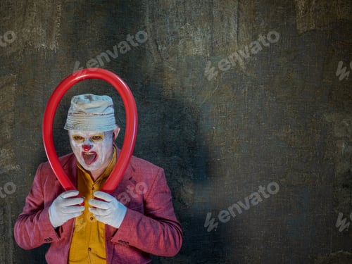 Preview: Crazy Aggressive Clown With Red Ball And Shadow. Man Hates His Work And In His Free Time Dresses