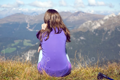 Preview: Girl Hiker At The Mountains Dolomites And Views Of The Valley, Italy. Seceda