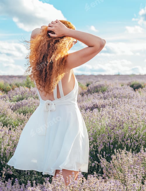 Preview: Young Pretty Female In Lavender Field During Sunset