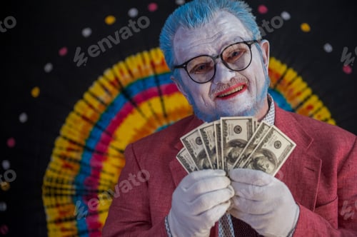 Preview: Elderly Mime Man In Large Glasses With Blue Hair And Beard In Bright Pink Jacket And Tie In White