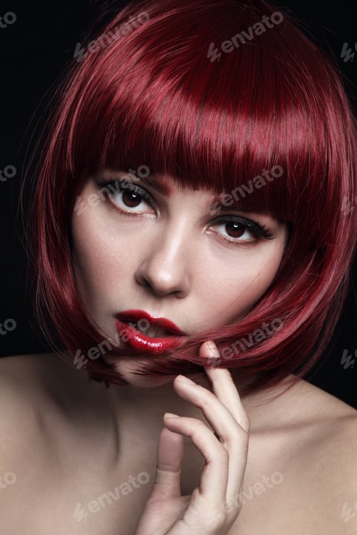 Preview: Portrait Of Young Beautiful Red-Haired Girl With Bob Haircut And Stylish Make-Up