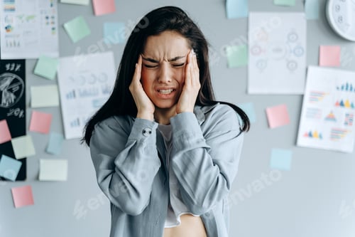 Preview: Tired Stressed Businesswoman Feeling Strong Headache Massaging Temples Exhausted From Overwork