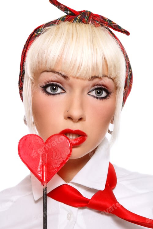 Preview: Portrait Beautiful Young Sexy Blond Girl With Red Lollipop Heart In Hand