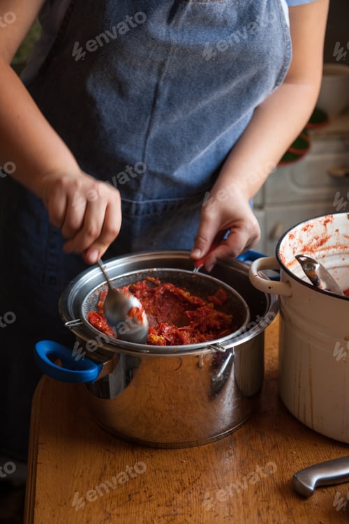 Preview: Woman Cook In Apron And Cap Cooks In Kitchen, Cuts Eggplants, Peppers, Onions, Garlic On Cutting