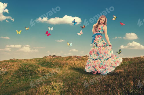 Preview: Beautiful Young Woman In A Long Dress Color Walks Outdoors. Girl With Butterflies.