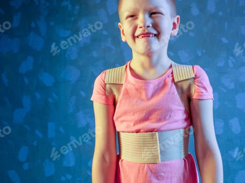 Preview: Kid In Corrector For Spine In Pink T-Shirt On A Gray Background Child Wearing Back Support Belt For