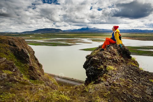 Preview: Happy Young Woman In Bright Clothes Traveling Iceland, Enjouing Nature