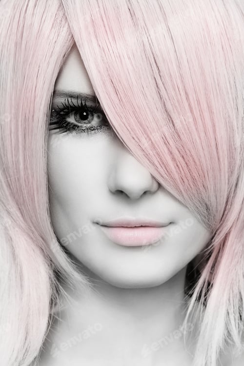 Preview: Black And White Colored Portrait Of Young Beautiful Woman With Stylish Haircut