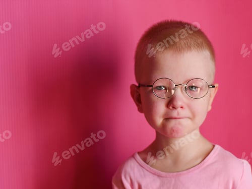 Preview: Portrait Of Funny Child In A Pink T-Shirt In New Glasses Is Playing With Computer Tablet On Pink