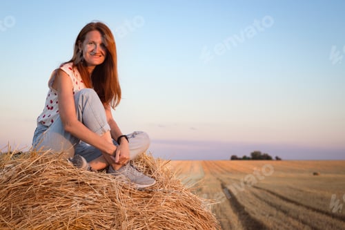 Preview: Beautiful Landscape - Round Bales And A Girl In The Field