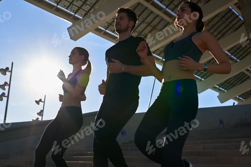 Preview: Two Women And A Man Training And Exercising Outdoors As They Run Down Stone Steps