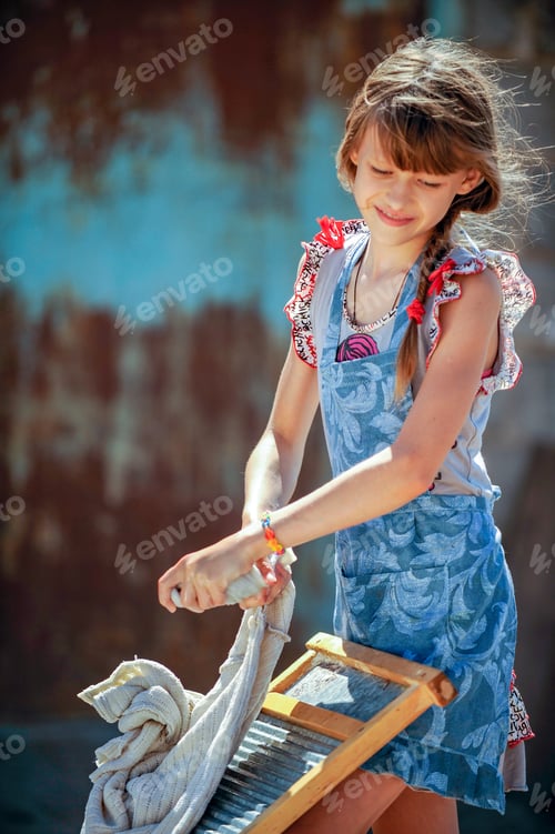 Preview: Farmer'S Daughter Is Washing His Father'S Shirt In Yard. Chicken Farm