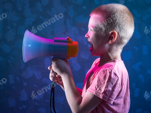 Preview: Child Screaming Into Loudspeaker. Kid Shouting Through Megaphone. Communication Concept. Black
