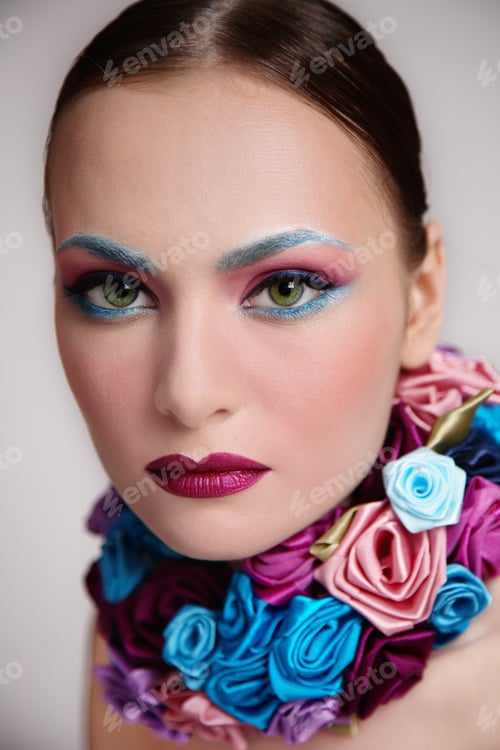 Preview: Portrait Of Beautiful Girl With Fancy Makeup And Necklace Of Silk Roses, Selective Focus