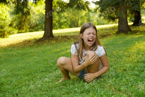 Preview: Girl Crying With Tears In Park. Little Girl Have A Pain.