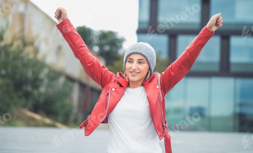 Preview: Carefree Woman With Hands Open Feeling The Freedom And Joying. Outdoors Daylight. Beautiful Female