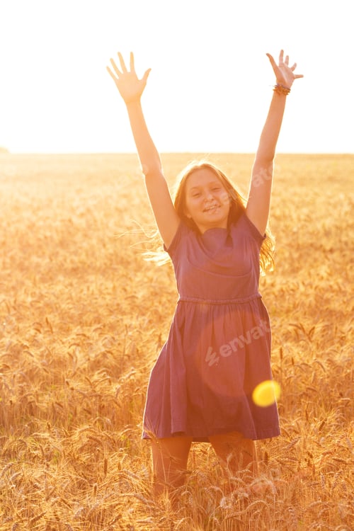 Preview: Happy Young Girl Joys At The Wheat Field At The Evening Time